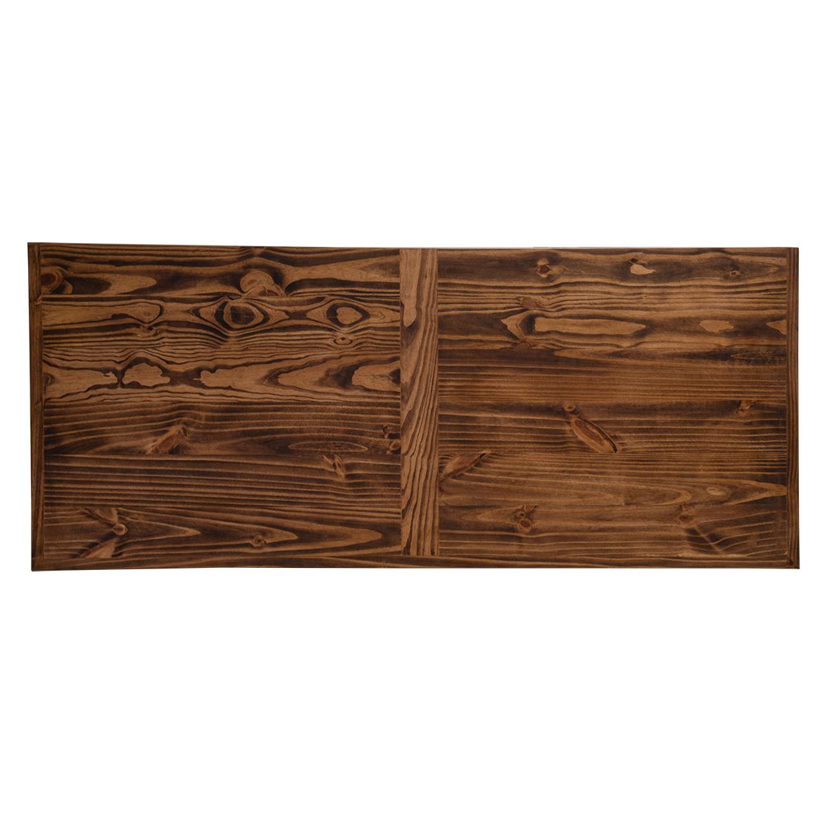 A reclaimed wooden office desk top featuring a rustic dark brown wood grain pattern with a vertical seam down the center, shown against a plain white background.
