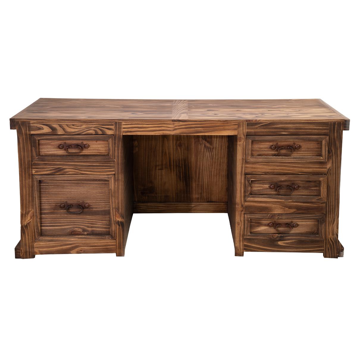 A rustic brown wooden office desk with a center open space, featuring a left column of three drawers, a right column of four drawers, and a wide top, shown against a plain white background.