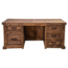 A rustic brown wooden office desk with a center open space, featuring a left column of three drawers, a right column of four drawers, and a wide top, shown against a plain white background.