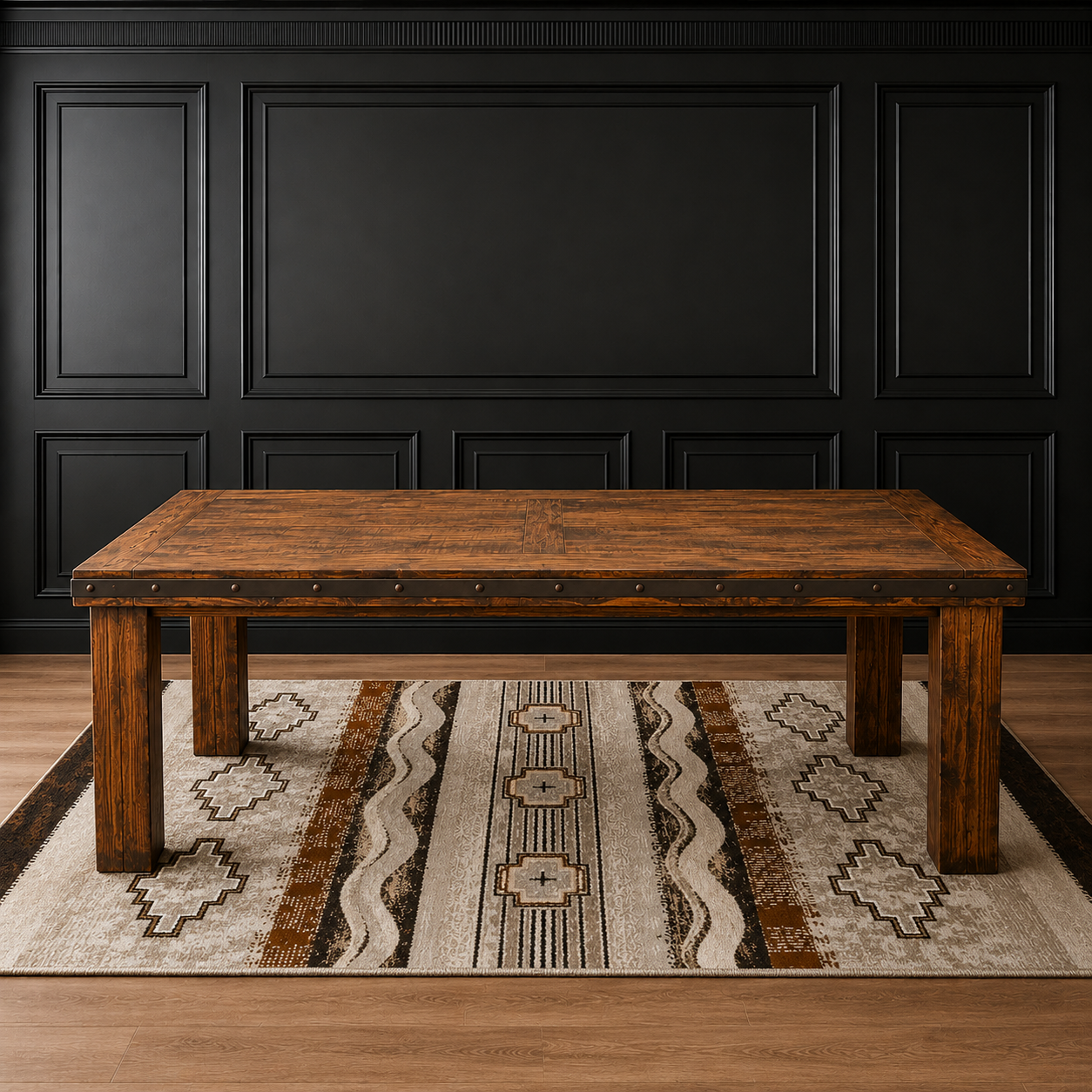 A rustic rectangular wooden coffee table with metal rivet detailing on the apron, shown on a patterned area rug in front of a black paneled wall.