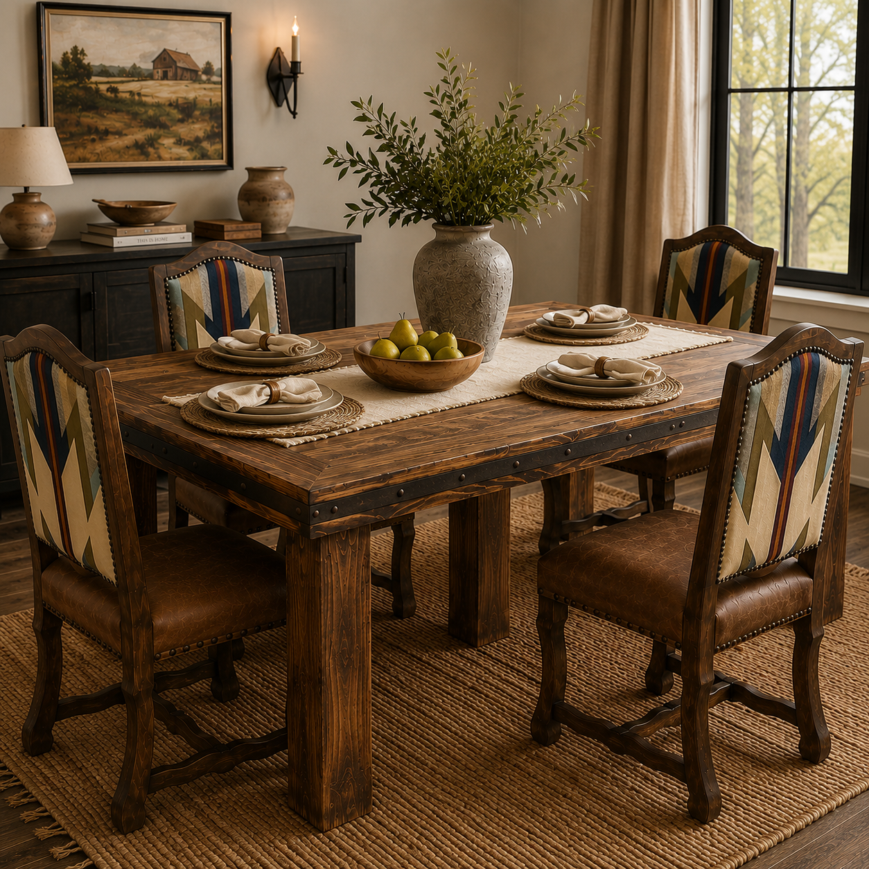 A rustic rectangular wooden dining table with four upholstered chairs in a warm, styled dining room. The table has dark brown wood with black metal hardware, and the chairs feature brown leather seats and backs with cream, blue, and red geometric patterned upholstery.