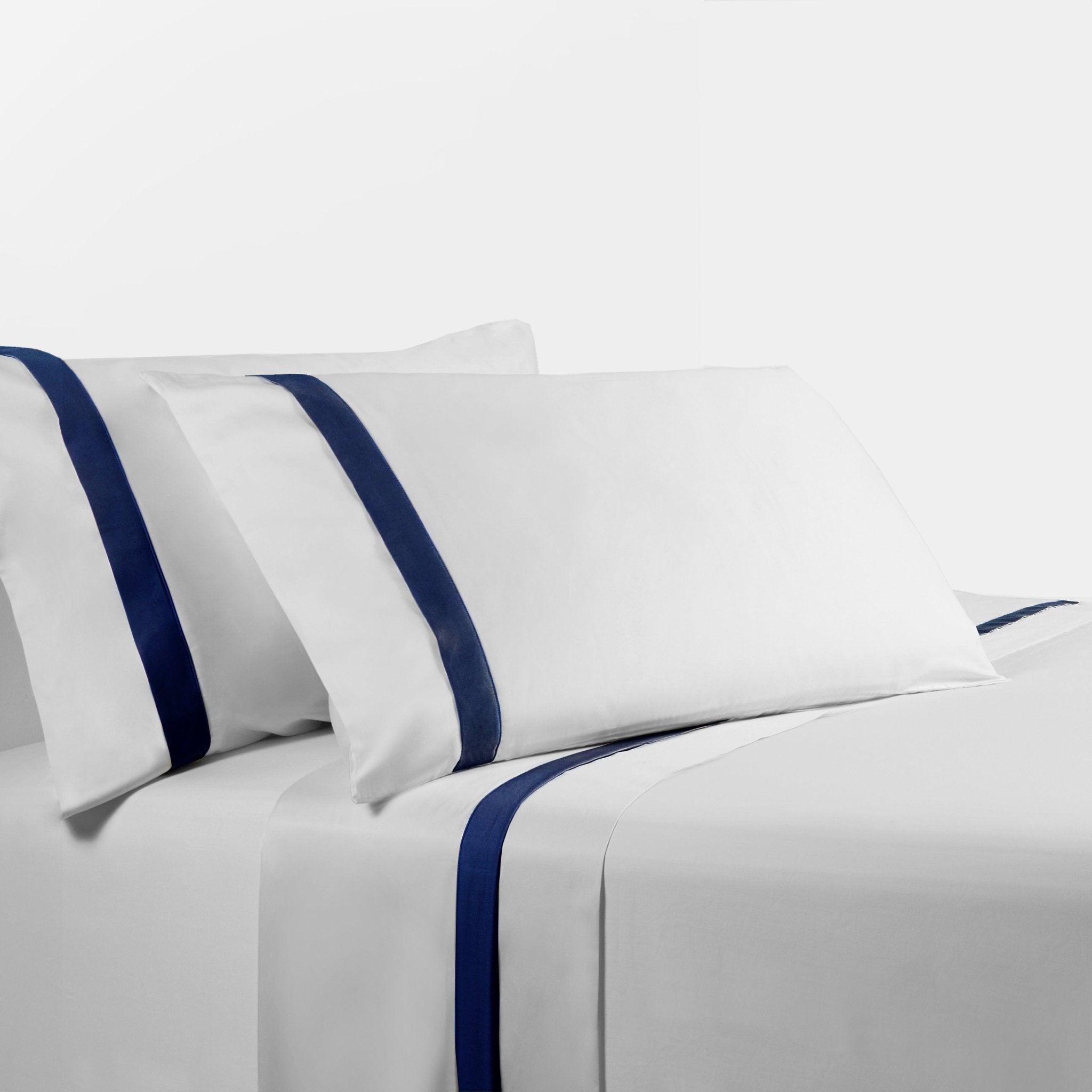 White Sheets with Navy Blue Flange - Your Western Decor