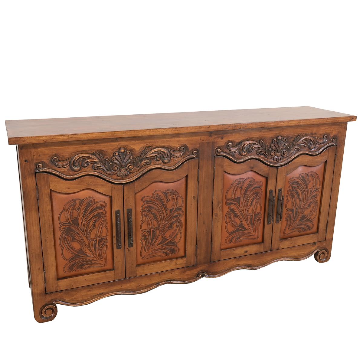 Saddler Hand Carved Sideboard with tooled leather panel doors - Your Western Decor