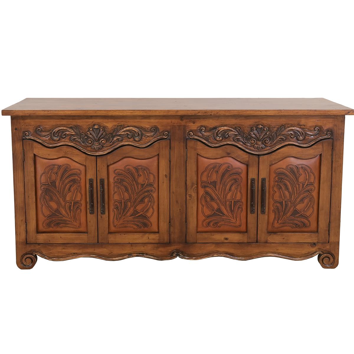 Saddler Hand Carved Sideboard with tooled leather panel doors - Your Western Decor