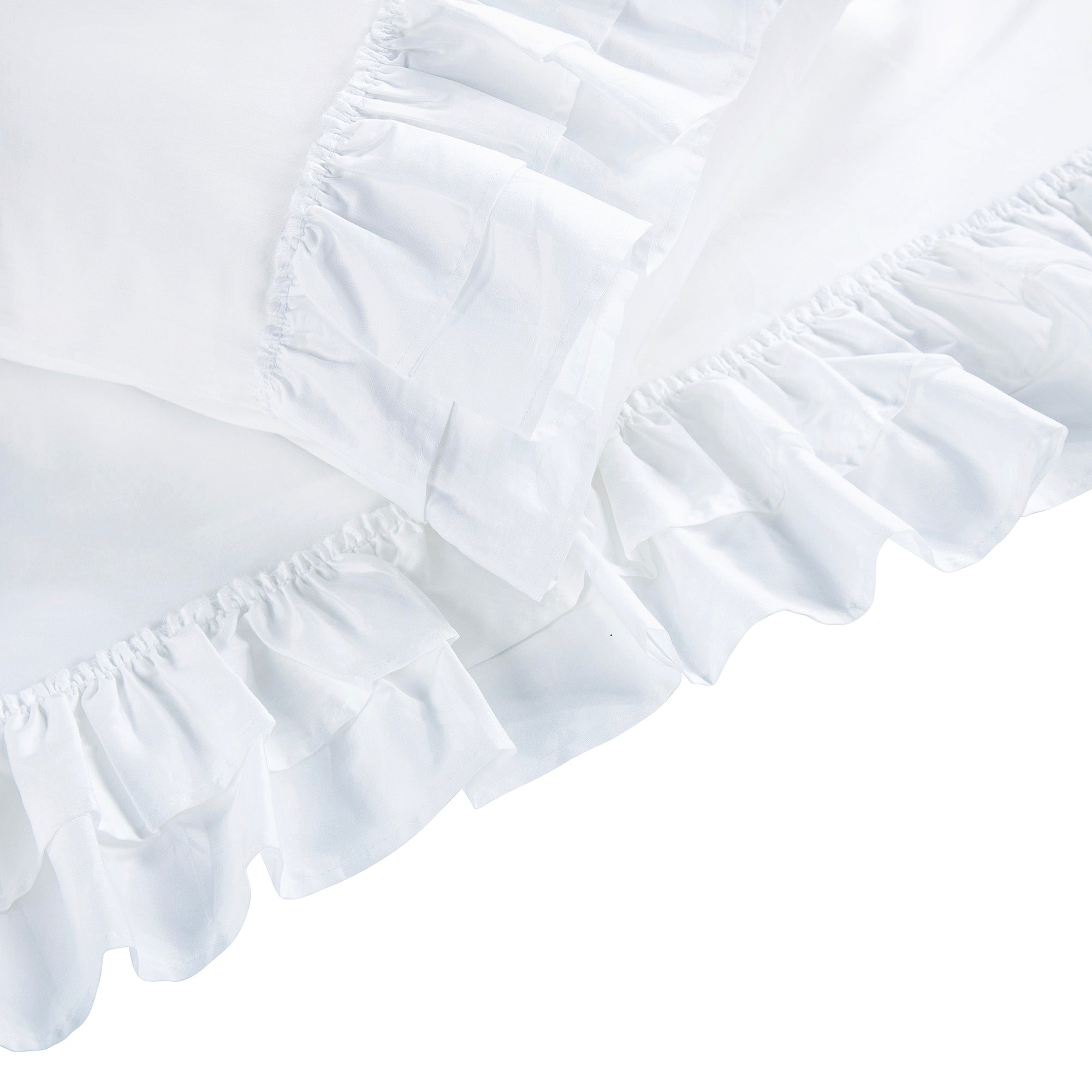 Close-up of a white ruffled sheet set texture on a white background