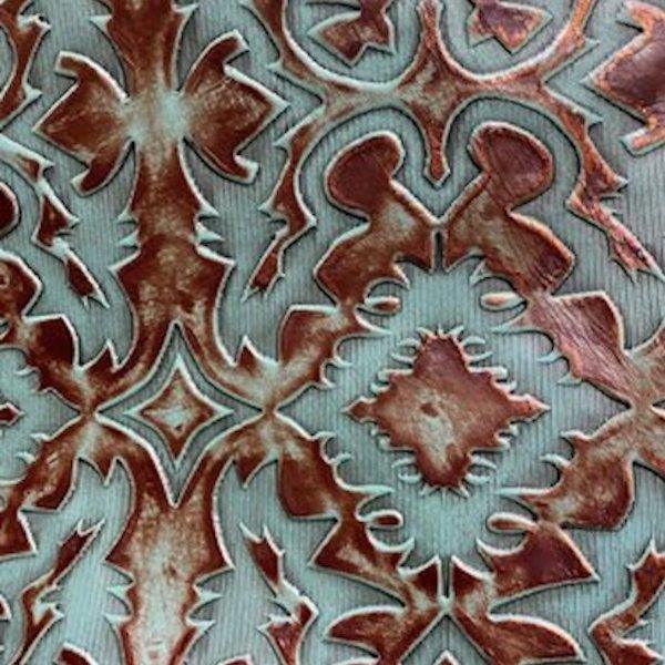 Copper and blue laredo embossed western upholstery leather - Your Western Decor