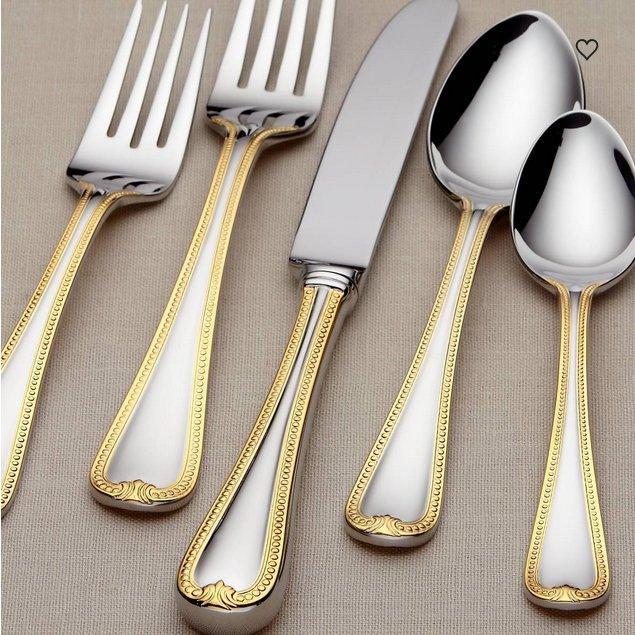 Jeweled Gold Flatware Set sliver with gold trim handle 5-pc - Your Western Decor