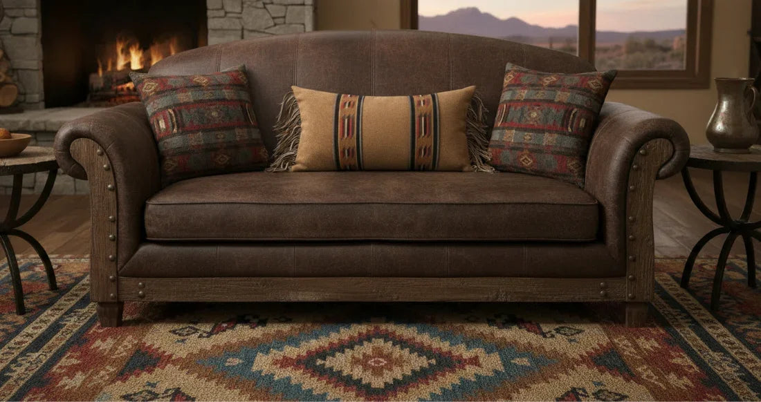 Brown leather sofa with patterned cushions in a cozy living room setting.