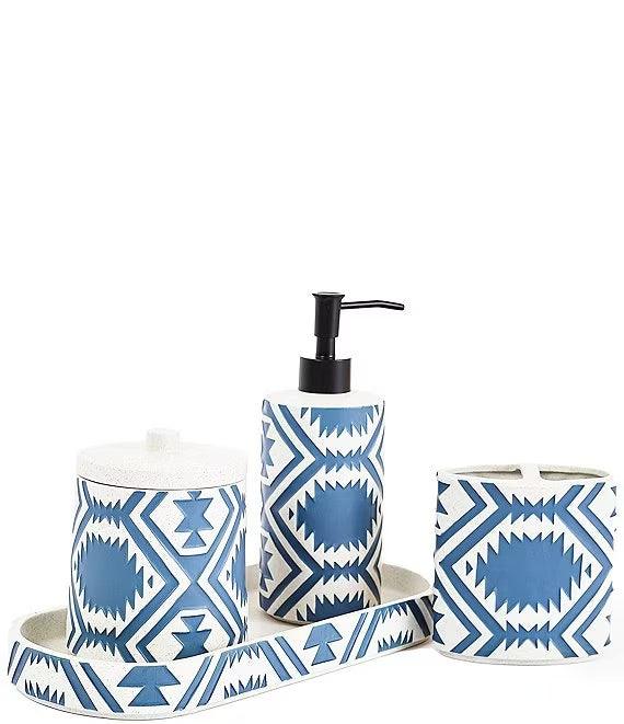 Shifting Dunes Bath Accessory Set - Lotion Pump - Canister - Toothbrush Holder - Tray - Blue & White - Pendleton Design - Your Western Decor