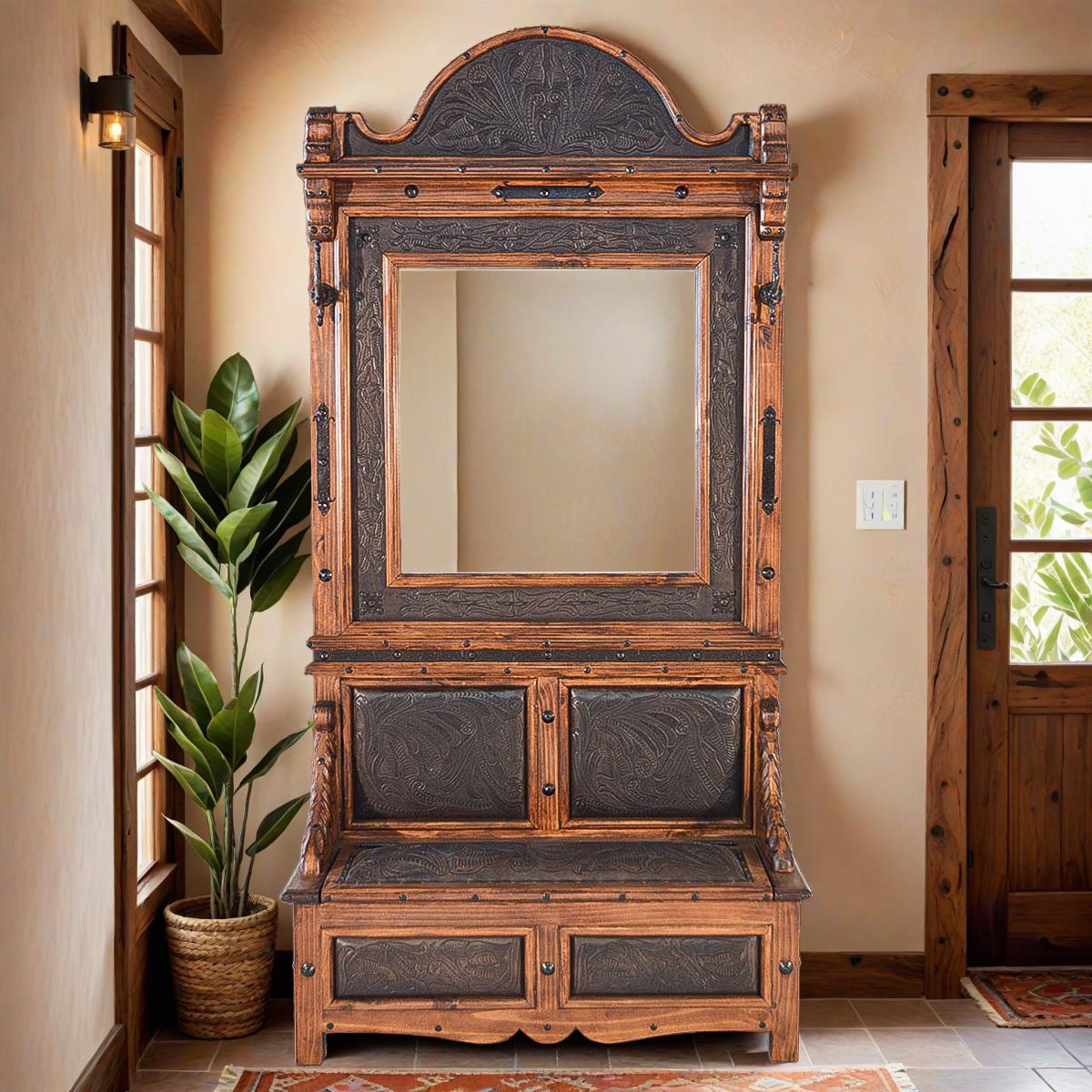 Rustic tooled leather entryway bench with mirror and storage