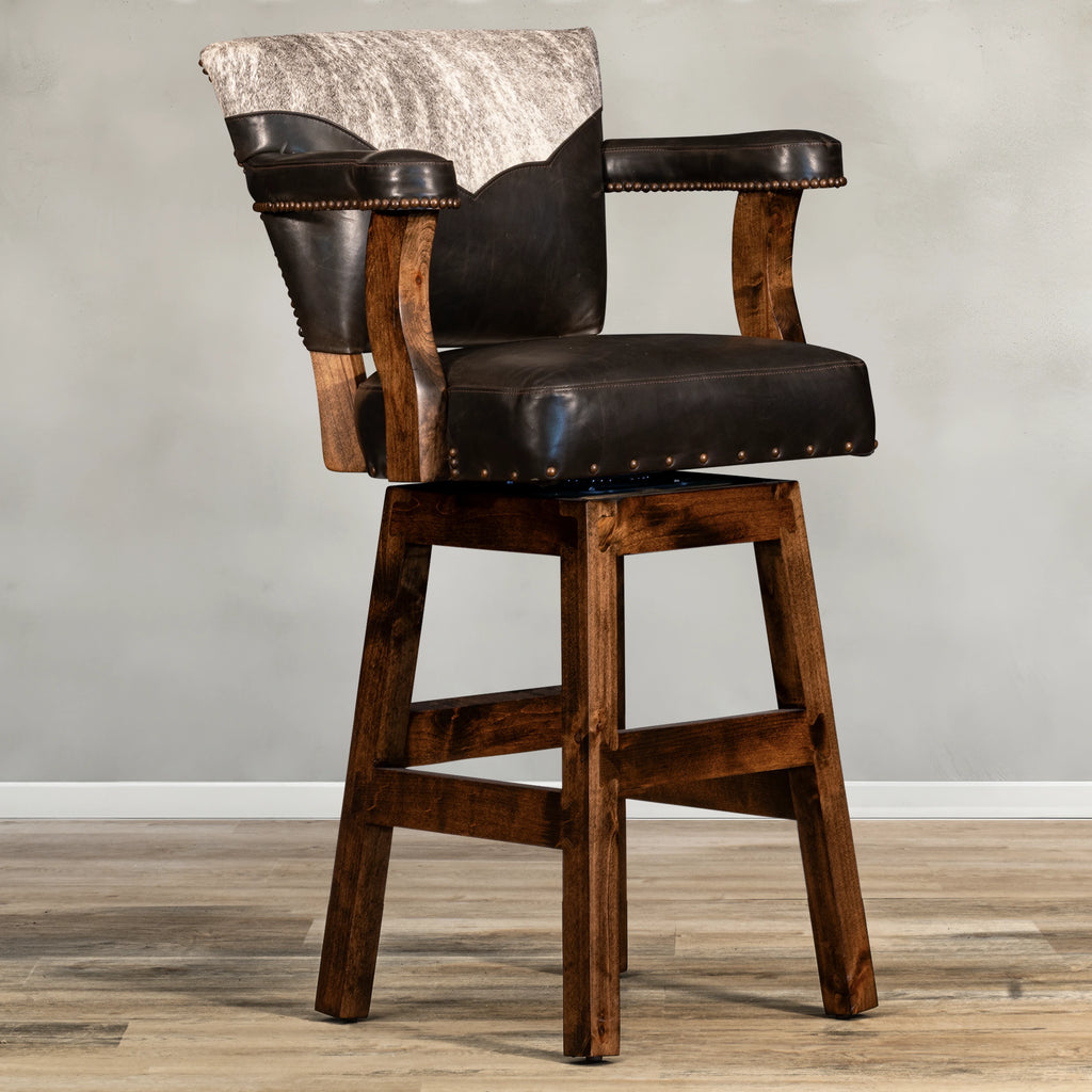 Espresso Leather & Cowhide Bar Stool made in the USA - Your Western Decor