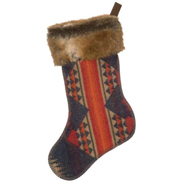 Socorro Wool Stocking - Southwestern Design - Orange, Red &Grey - Faux Fur Cuff - Your Western decor