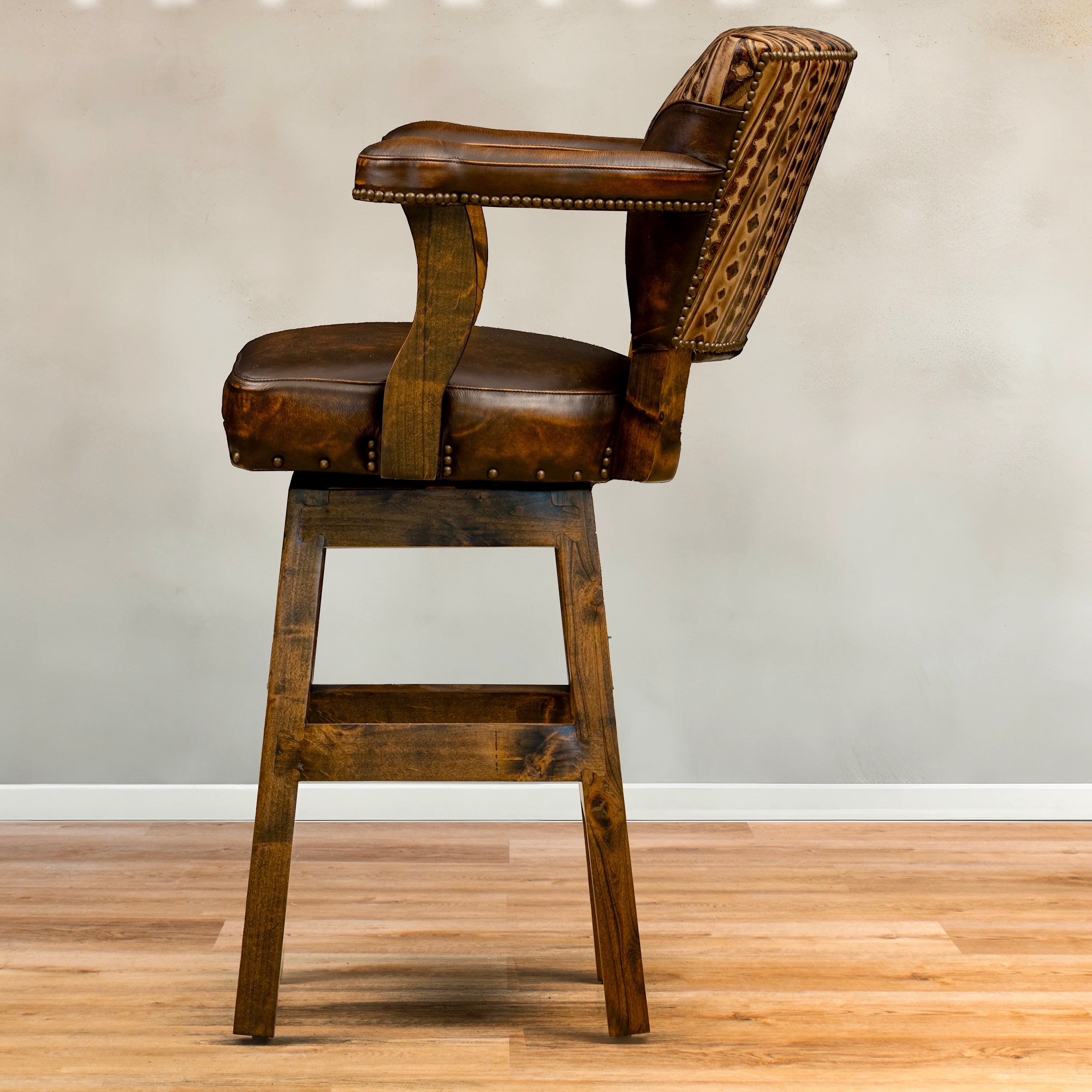 Navajo Leather Southwest Bar Stools with arms and swivel custom made in the USA - Your Western Decor