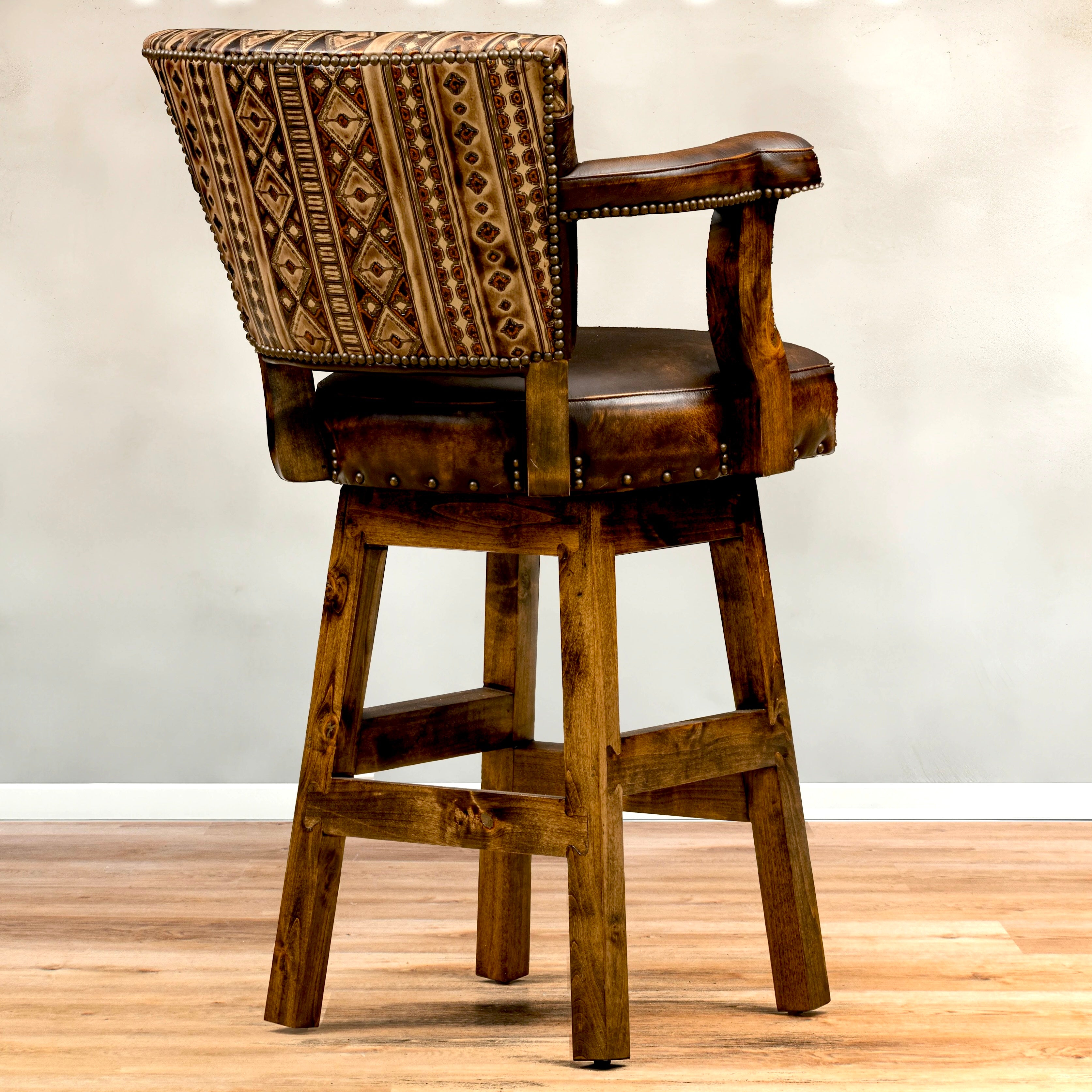 Navajo Leather Southwest Bar Stools with arms and swivel custom made in the USA - Your Western Decor