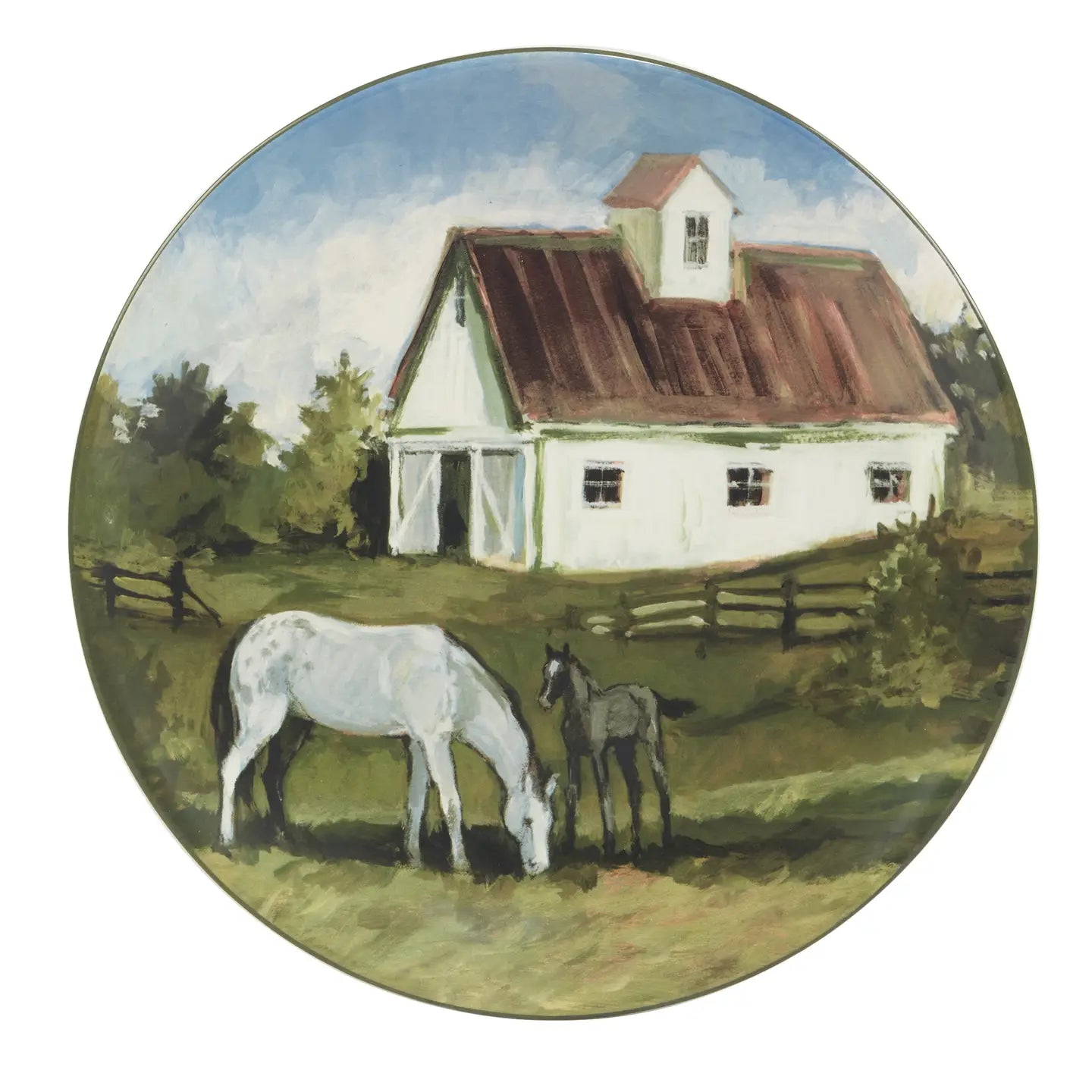 Stables Round Platter - Mom & Foal horses with stable & pasture background - Your Western Decor