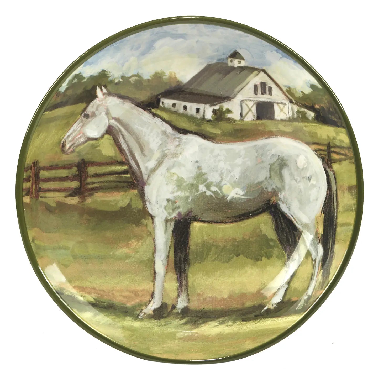 Stables Serving Bowl - white horse with stable and pasture background - Your Western Decor