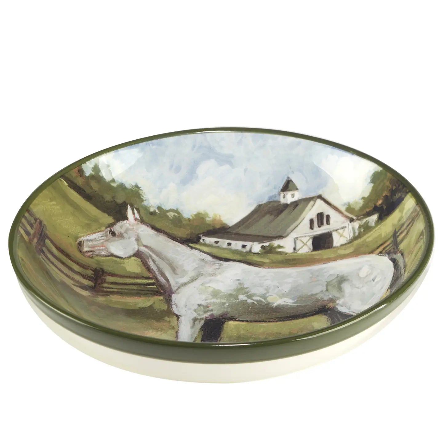 Stables Serving Bowl - white horse with stable and pasture background - Your Western Decor