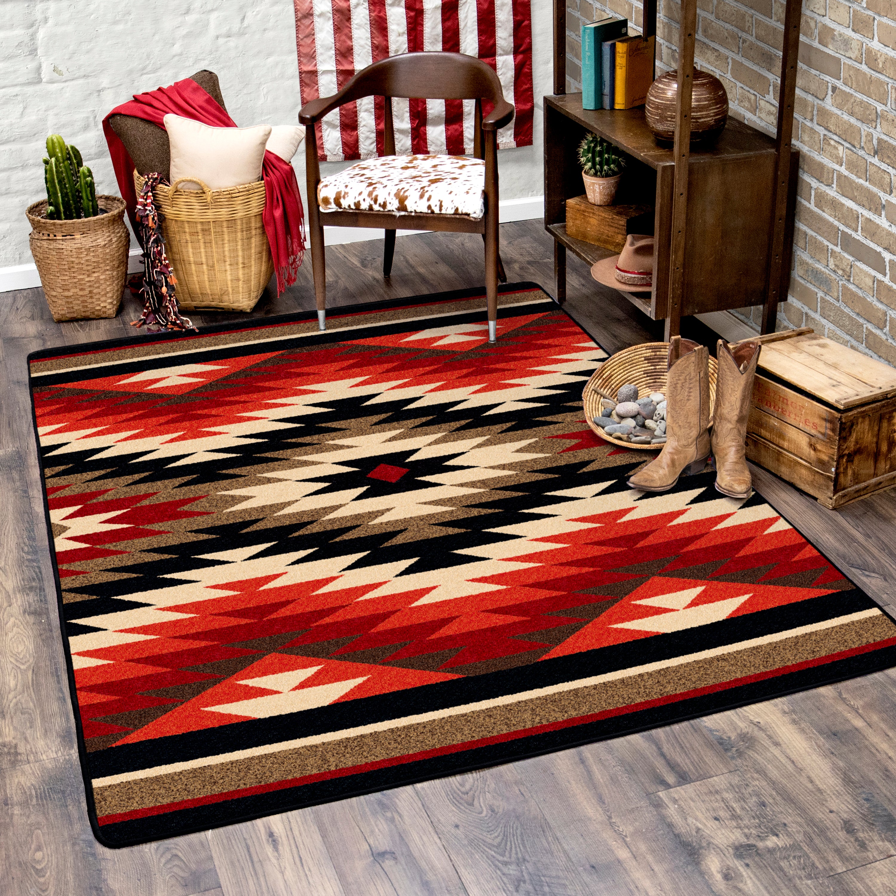 Area rug in red, cream, orange, black in a starburst design, made in the USA - Your Western Decor