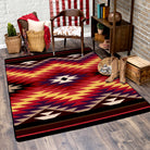 Area rug in red, black, yellow, white, plum, starburst design, made in the USA - Your Western Decor