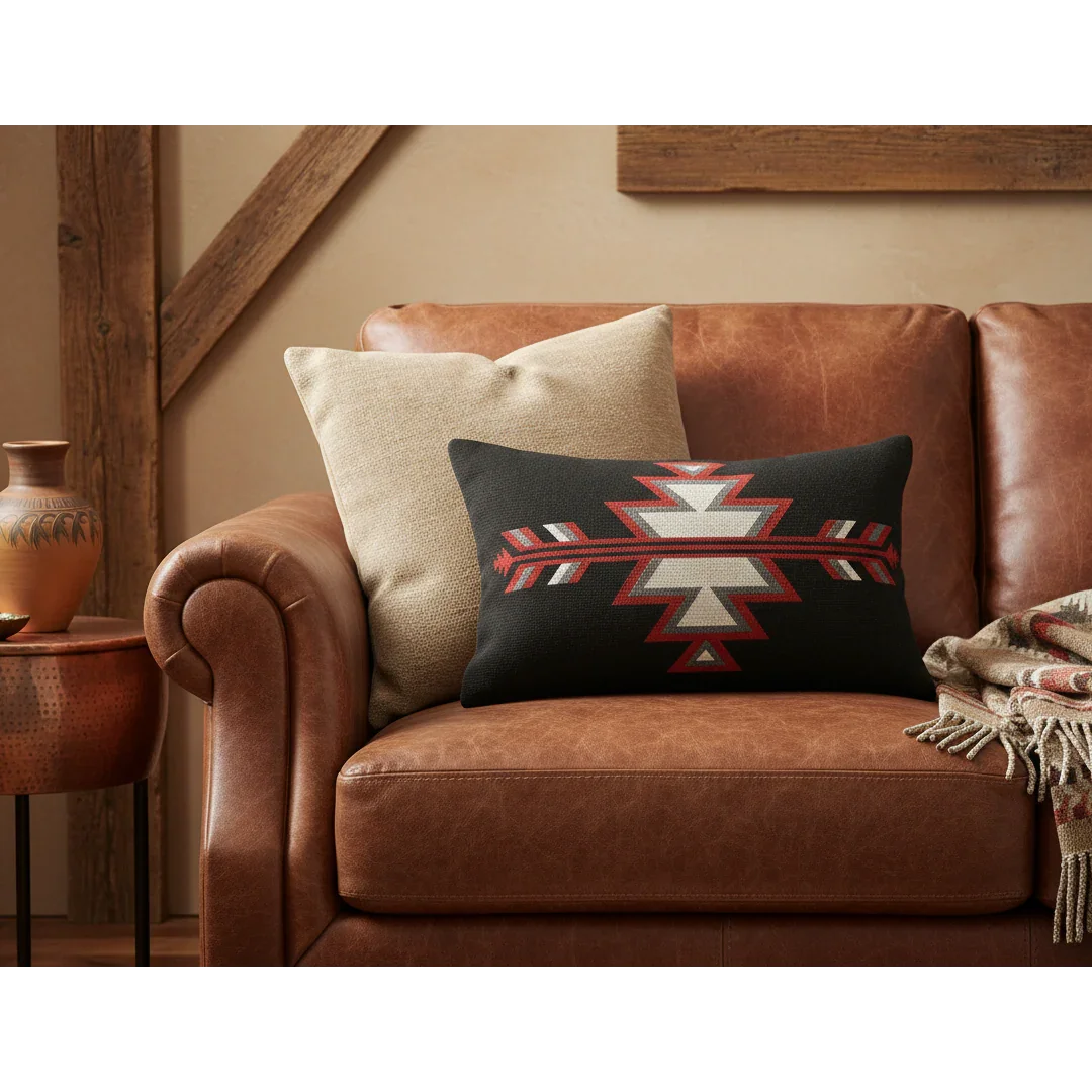 Brown leather sofa with decorative pillows and a side table in a warm-toned room.