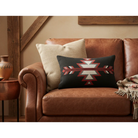 Brown leather sofa with decorative pillows and a side table in a warm-toned room.