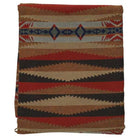 Woven blanket with geometric pattern and sunset colors on a white background