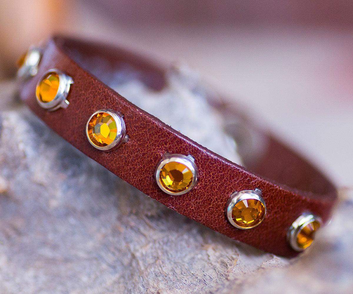 Single Band Swarovski Topaz Crystals & Leather Bracelet handmade in the USA - Your Western Decor