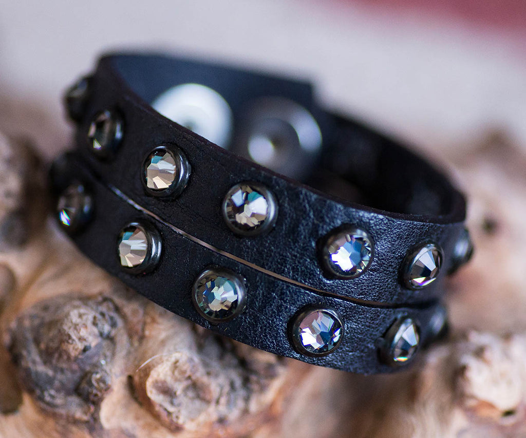 Swarovski Black Diamond Crystal Leather Cuff in Black hand crafted in Texas USA - Your Western Decor