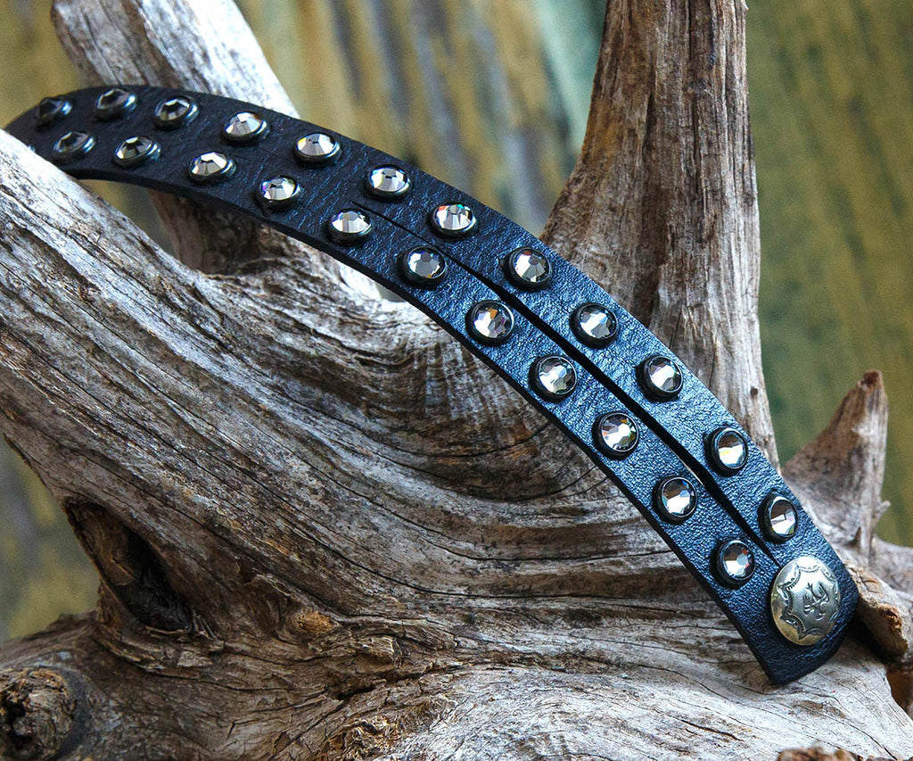 Swarovski Black Diamond Crystal Leather Cuff in Black hand crafted in Texas - Your Western Decor