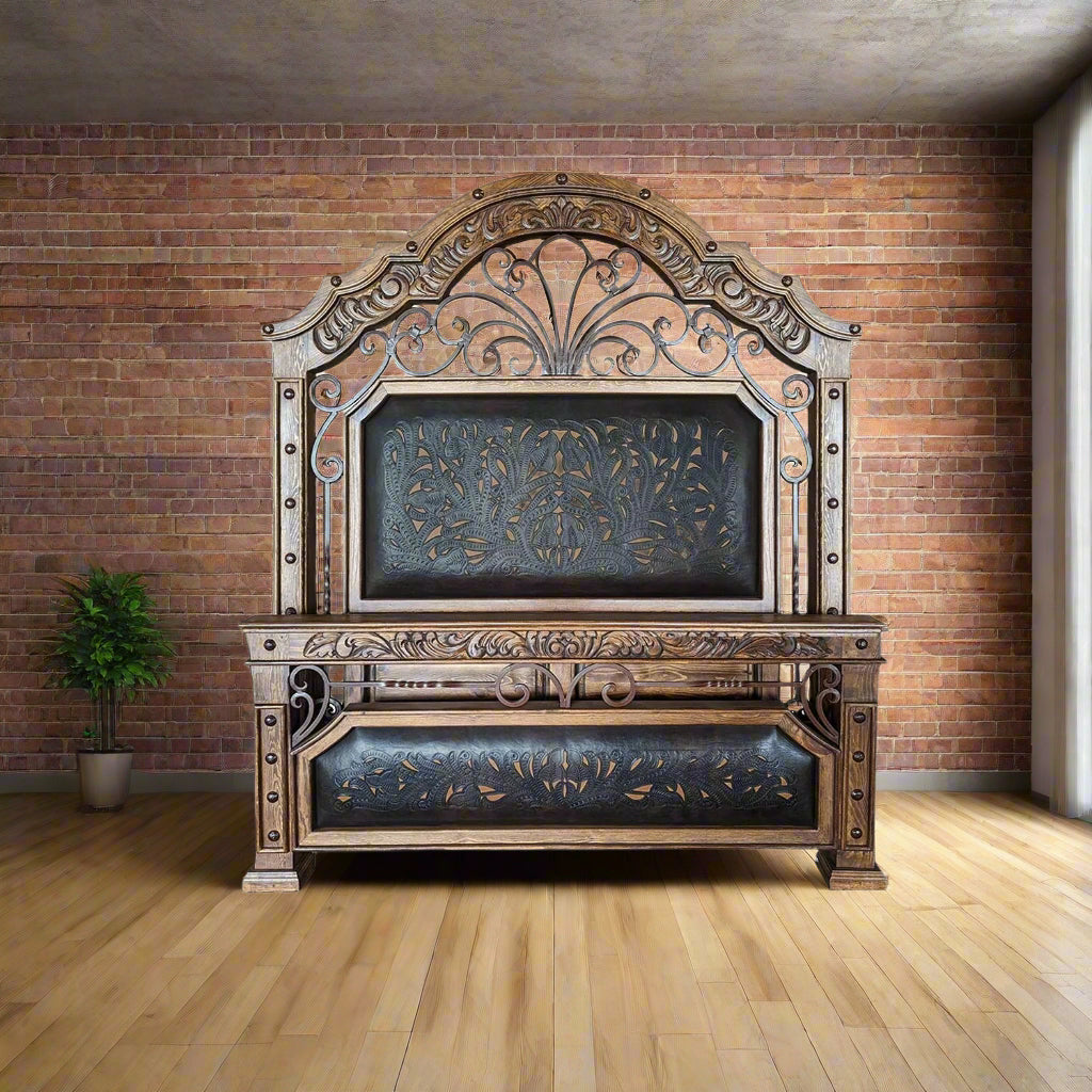 Tooled leather, iron, and wood luxury tall bed frame - Your Western Decor