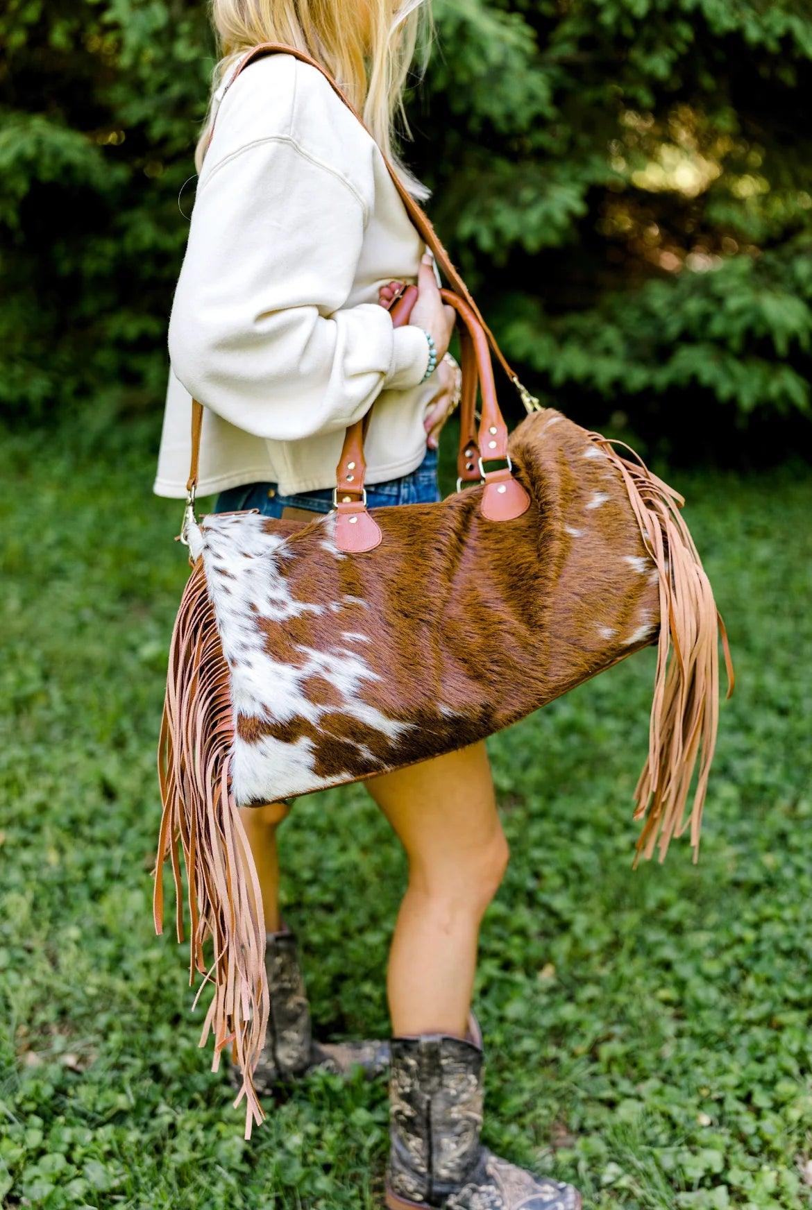 Fridge Cowhide Duffle Bag Tan & White - Your Western Decor