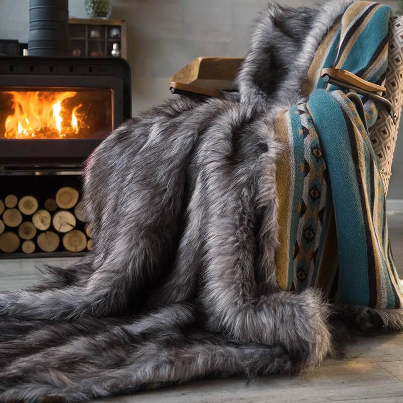 Faux Fur Aztec Blanket Grey+Turquoise - Your Western Decor