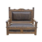 Western entryway storage bench with genuine tooled leather and storage drawers