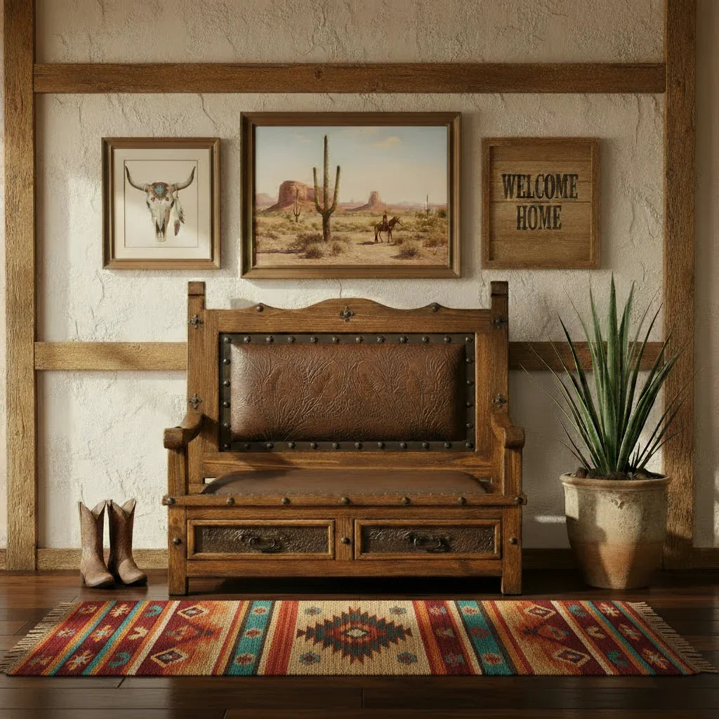 Wooden bench with leather seat in a room with framed pictures and a plant.