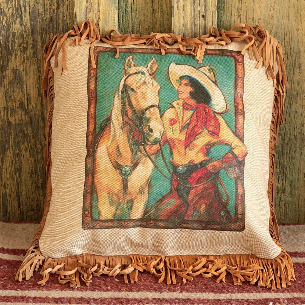 True Love linen pillow featuring colorful cowgirl and her palomino horse. Pillow has genuine leather fringe 