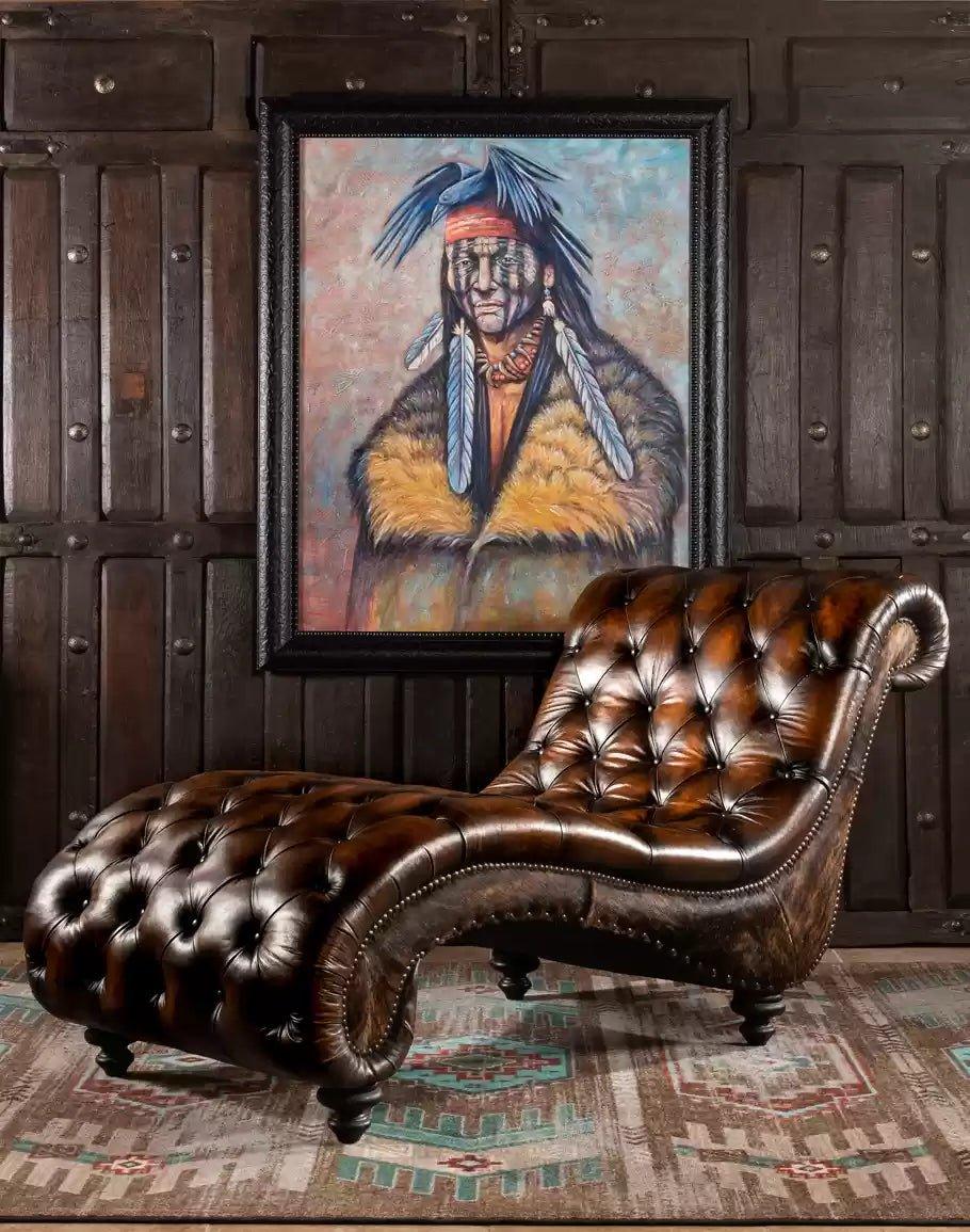 American made Tufted Leather Chaise Lounge with brindle cowhide sides - Your Western Decor