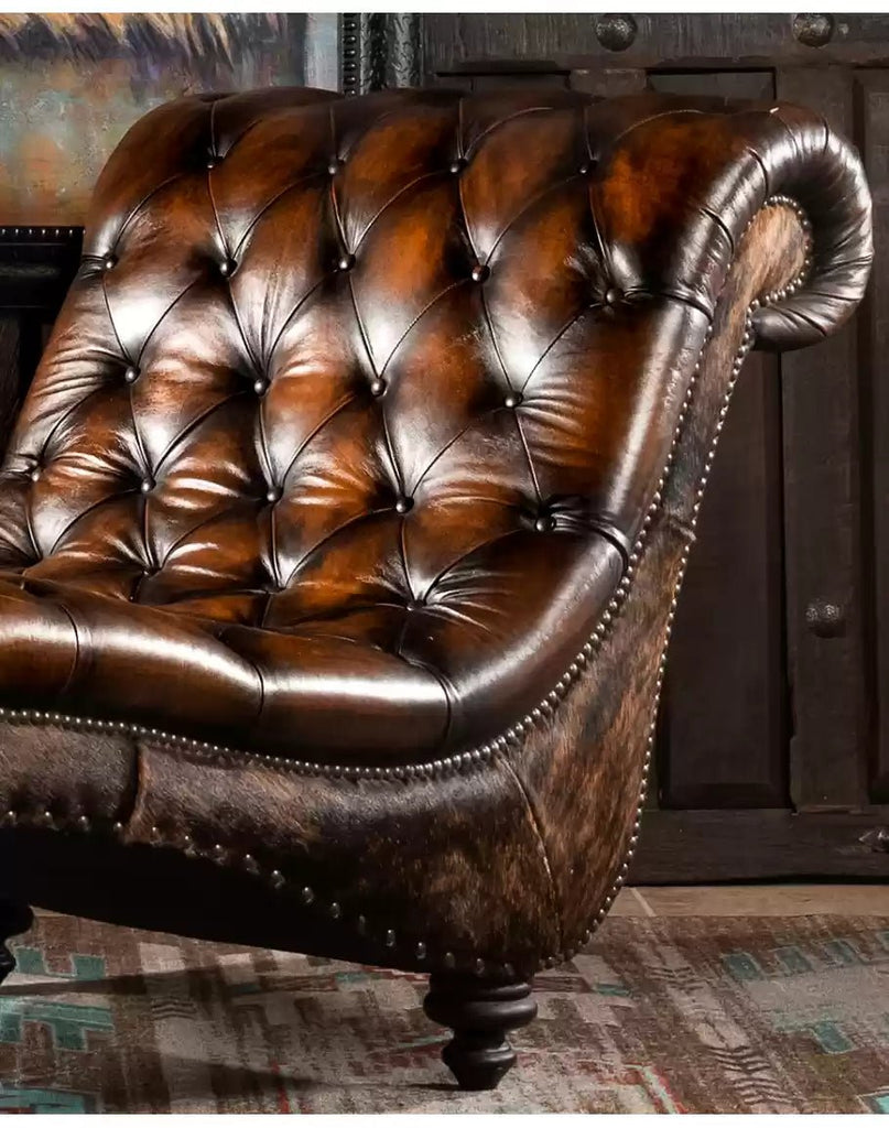 American made Tufted Leather Chaise Lounge with brindle cowhide sides - Your Western Decor
