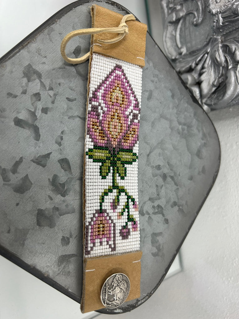 Lavender Tulips on Tan Leather Beaded Bracelet - Your Western Decor