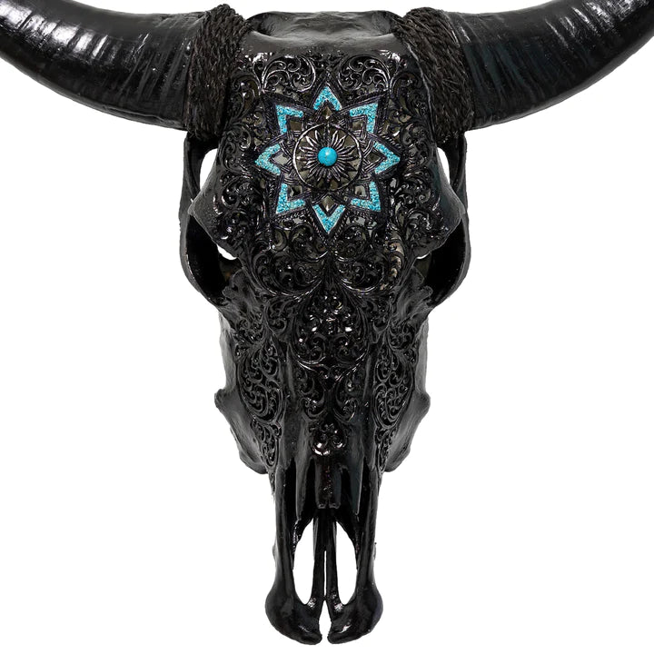 Turquoise Mandala Carved Steer Skull in Black - Your Western Decor