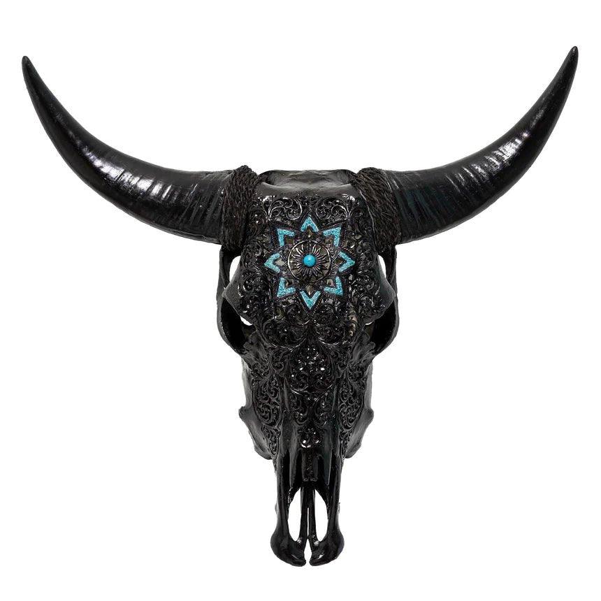 Turquoise Mandala Carved Steer Skull in Black - Your Western Decor