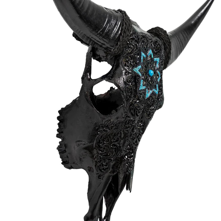 Turquoise Mandala Carved Steer Skull in Black - Your Western Decor