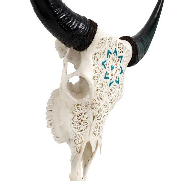 Turquoise Mandala Carved Steer Skull in White - Your Western Decor