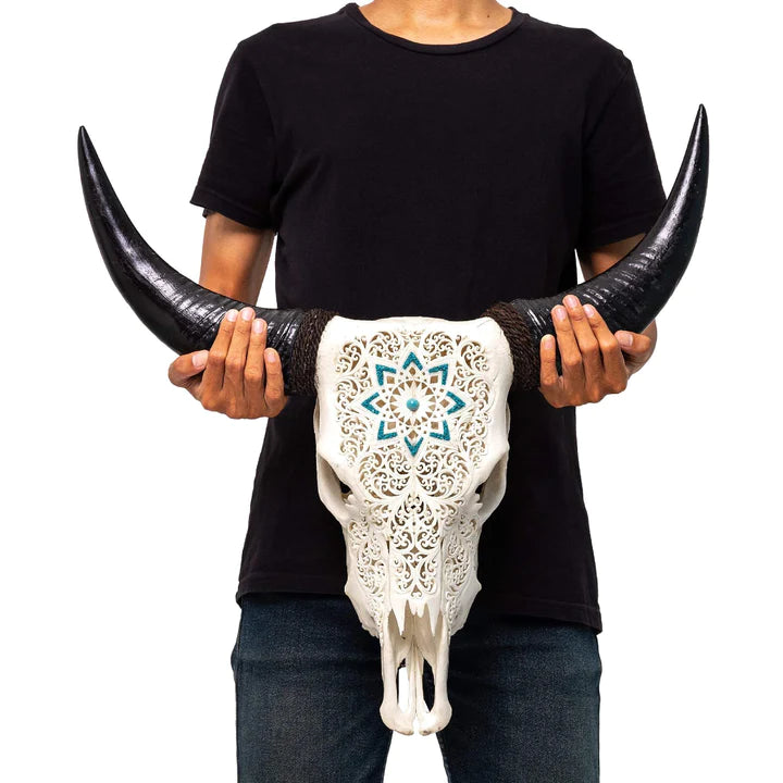 Turquoise Mandala Carved Steer Skull in White - Your Western Decor