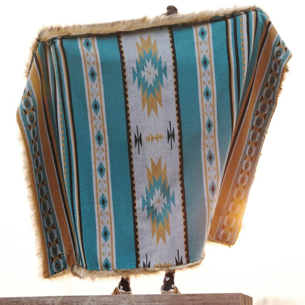 Faux Fur Aztec Blanket Turquoise+Gold - Your Western Decor