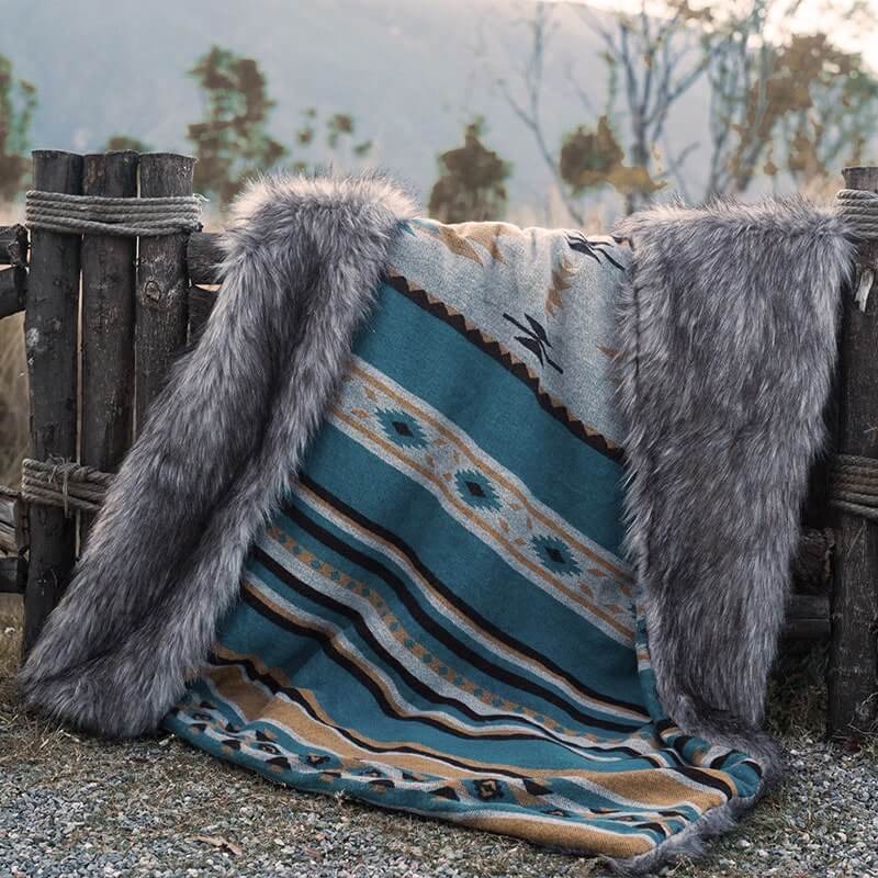 Faux Fur Aztec Blanket Turquoise+Grey - Your Western Decor