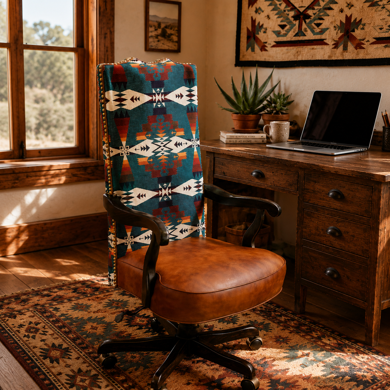 Tuscan Agate Sunbrella & Leather Executive Office Chair styled in a warm Southwestern home office with rustic wood furniture, patterned area rug, natural lighting, and desert-inspired decor. The executive chair features a turquoise and rust geometric Sunbrella fabric back, rich brown leather seat, dark wood arms, and nailhead trim.
