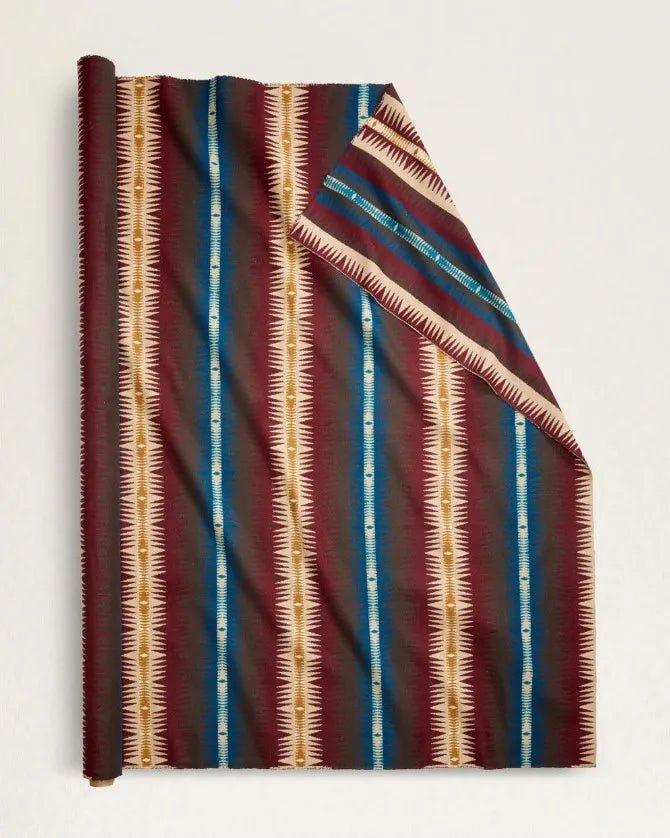Pendleton Tye River southwestern wool fabric with bold blue, burgundy, ivory, and brown striped geometric pattern, blanket-weight jacquard upholstery fabric