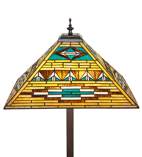 Valencia Mission stained glass shade close-up with geometric arrowhead pattern and turquoise accents