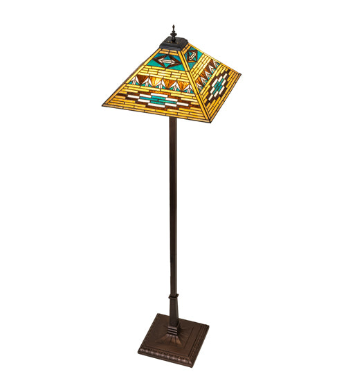 Valencia Mission floor lamp angled view with stained glass shade in turquoise, beige, and brown tones