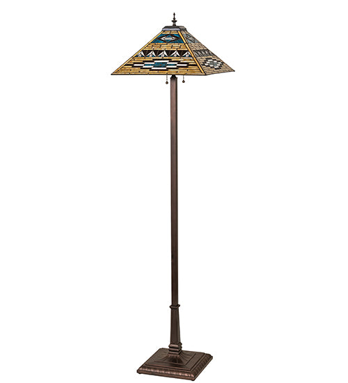 Valencia Mission floor lamp unlit showing stained glass shade and mahogany bronze base